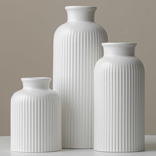 Large Modern Ceramic Vase Set, White Ribbed Matte Design, 10 Inch Tall, 4 Inch Width, 3-Piece Decorative Vases for Home, Living Room, Office (XL Matte Glaze White) - color: XL Matte Glaze White