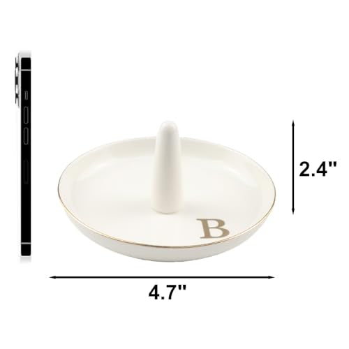 Ceramic Initials Jewelry Tray Ring Dish With Personalized B-Monogrammed Engagement Wedding Gifts, for Birthday Mother's Day for Women, Ceramic White 4.7" x2.4" - style: B