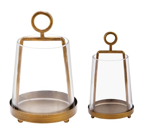 6" & 4" Wide Modern Farmhouse Metal Hurricane Candle Holder with Handmade Sturdy Glass Sleeve in Antique Brass for Pillar Candle & Plants, Glass Hurricane Lantern, Industrial, Minimalistic - color: Brass, size: 6"x10" & 4"x7.5"