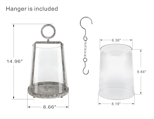 9" Wide Modern Farmhouse Metal Hurricane Candle Holder with Handmade Sturdy Glass Sleeve in Rustic Black for Pillar Candle & Plants, Glass Hurricane Lantern, Industrial, Minimalistic - color: Black Shabby, size: 9"x14"