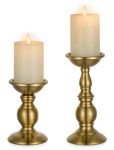 NUPTIO Gold Candle Holder for Table: Tall Brass Candleholder Decorative for Pillar Candles - Metal Vintage Stand for Christmas New Year Fireplace Table Centerpiece Set of 2 (S+L) - color: Brass, size: S + L