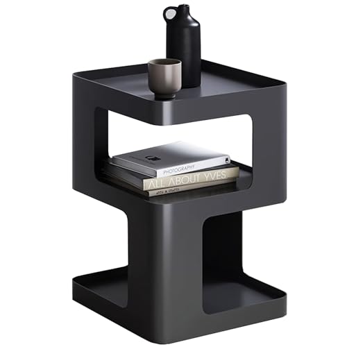 Modern Metal Side Table with Storage,Small End Table for Sofa & Couch,3-Tier Compact Nightstand for Small Spaces,Black Bedside Tables for Living Room & Bedroom,No Assembly Required - color: Black