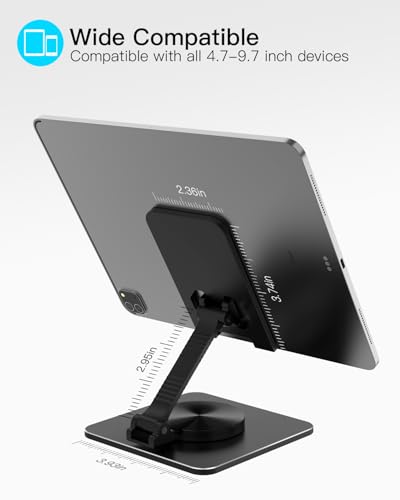 Cell Phone & Tablet Stand for Desk, Aluminum Adjustable Holder for iPhone, iPad & Smartphones || Foldable Mount with 360° Swivel, Stable Base & Portable Design for 4–9.7in Devices, Black - color: Black