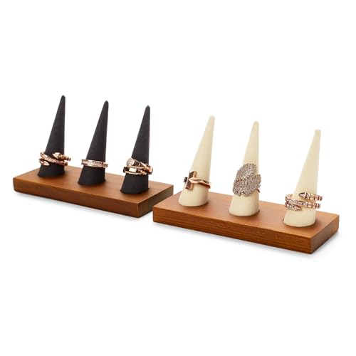 Oirlv Natural Solid Wood 3-Ring Jewelry Display Stand Grey Ring Organizer Holder - color: 3 Wood grey