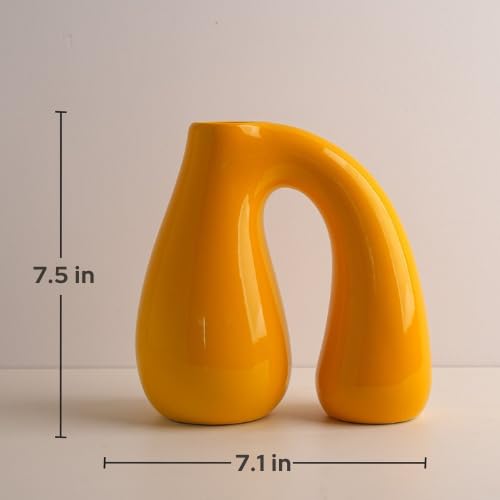 Yellow Ceramic Vase for Modern Home Decor, 7.5" Sculptural U-Shape Pitcher Vase with Arch Handle, Small Aesthetic Flower Vase for Pampas Grass, Dried Flowers, Shelf Entryway Table Decor – PROBENEX - color: Yellow