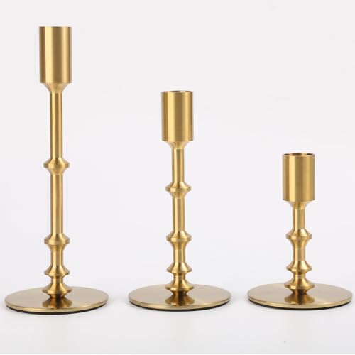Gold Candle Holders, Modern Taper Candle Holders for Table Mantel Dining Wedding Home Decor, Brass Candlestick Holders Set of 3