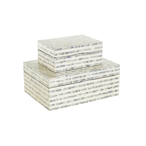 Deco 79 Mother of Pearl Shell Geometric Handmade Decorative Box Linear Mosaic Storage Decorative Keepsake Box with Cream Underlay, Set of 2 Storage Box 12", 8"W, Cream - color: Cream, size: 11.95", 8"W