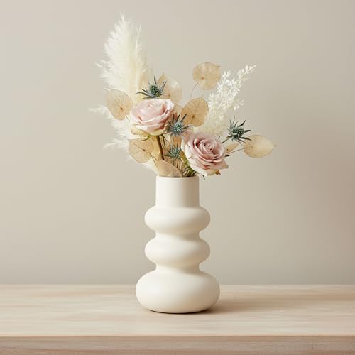 Stoneware Decorative Vase – Flower Vases for Fresh or Dried Stems, Living Room, Entry, or Office Accent, Modern Home Decor Sculptural Design With Soft Curves – 10" – Ivory White