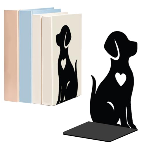 WADORN Dog Metal Bookends for Shelves Decorative 1 Pair, Puppy Heavy Duty Books End Support Non-Skid Book Holder Animal Black L-Shaped Book Stopper for Home Office Desk Books Divider, 4.7x3.5x7 Inch - color: Dog Heart
