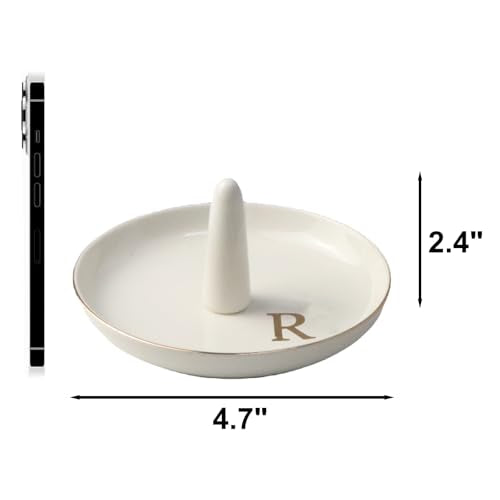 Ceramic Initials Jewelry Tray Ring Dish With Personalized R-Monogrammed Engagement Wedding Gifts, for Birthday Mother's Day for Women, Ceramic White 4.7" x2.4" - style: R