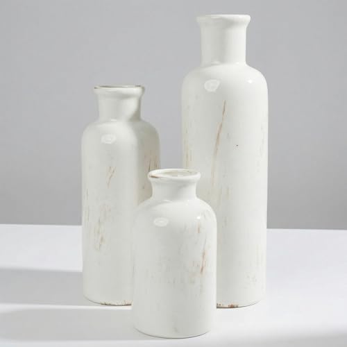 White Ceramic 3 Piece Vase Set, Vintage Farmhouse Decorative Home Decor Vases for Living Room & Kitchen, Distressed Crackle Glaze Flower Vases for Table Bookshelf Mantel & Office - color: White01