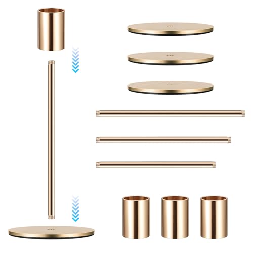 3 Pcs Gold Taper Candle Holders, Gold Candlestick Holderss, Candle Sticks Holder Decor for Mantel Centerpiece Fireplace Wedding Dinning Party Home Cabinet Table Decor(3 Heights)