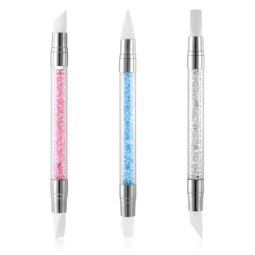 3 Pcs Nail Art Sculpture Pen, Dual Tipped Silicone Nail Tools, Silicone Head Acrylic Handle Nail Art Brushes, Rhinestone Nail Polish Carving Pen, Nail Art Tools for Home Salon(White, Pink, Blue) - color: White, Pink, Blue