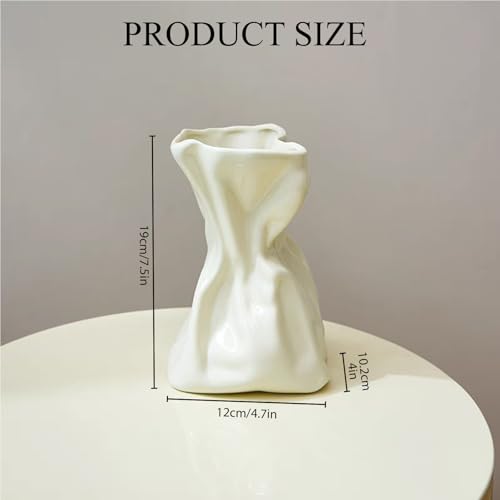 FOWSEEK 7.5IN White Ceramic Vase, Irregular Flower Vase Modern Art Decorative Vase for Flowers, Unique Paper Bag Vase for Home Office Centerpieces Entryway Bookshelf Living Room Table Decor - color: Cream Ceramic, size: Large