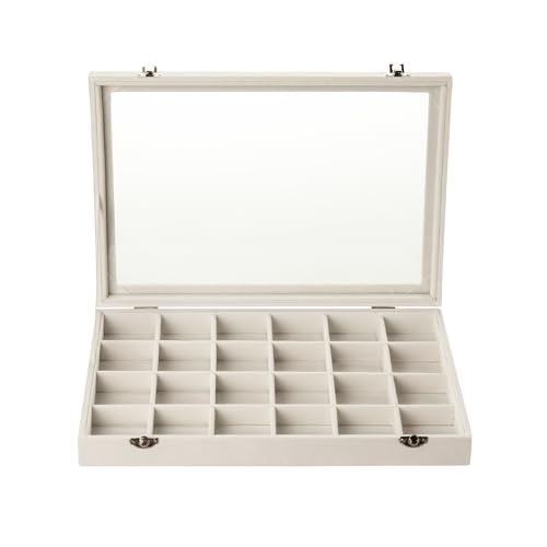 Frebeauty Velvet Jewelry Tray,24 Grid Jewelry Organizer with Clear Lid,Earring Holder Organizer with Clasp,Drawer Insert Rings Pendants Brooches,13.8 x 9.5 x 2 Inches,Gift for Women Girls(Beige) - color: Beige, size: 24 Grid