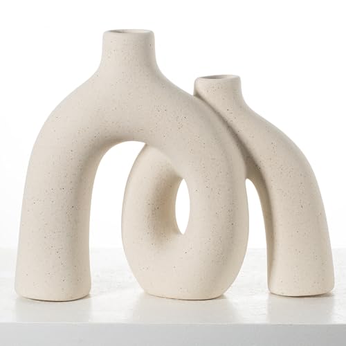 CEMABT Modern Nordic Boho Vase Set - Elegant Beige Matte Ceramic Home Decor for Living Room, Bookshelf, Mantel, Entryway Table & Console Décor | Shelf Decorations Easter Gift - color: Beige-1