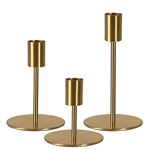 Brass Taper Candle Holders - Set of 3 Antique Brass Finish Candlestick Holder, Modern Rustic Metal Candlestick Holder for Wedding, Dining Table, Party Centerpiece