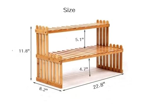 GURECOD 22.8" 2 Tiers Bamboo Plant Stand Shelf,Desk Flower Pot Holder,Adjustable Desktop Shelf Display Organizer Ladder Rack for Office Decorate Desk Shelving Storage Rack,Kitchen Rack (22.8" Length) - size: 22.8" Length