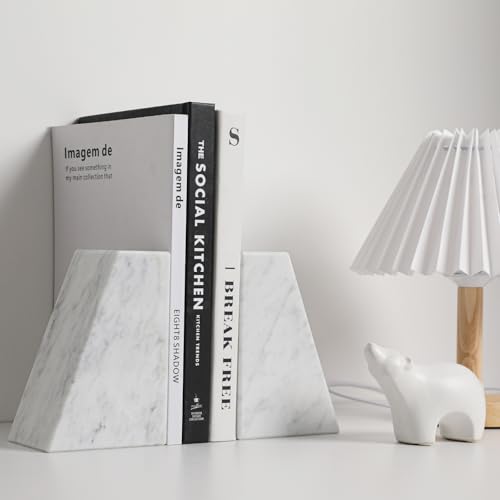Luxury Marble Bookends for Shelves, 11LB Heavy Duty Marble Book Ends for Heavy Books, Stone Bookends Decorative, Polished, Carrara White Triangular, Set of 2 - color: Carrara White, size: 3.9×3×6 Inch