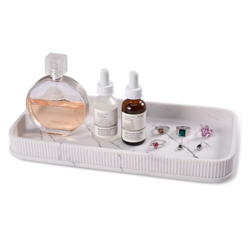 Bathroom Counter Tray Matte Vanity Tray Decor Perfume Trays Dresser Holder for Bathroom Countertop Jewelry Candle Soap Plant Towel Cosmetic Organizer Rectangle Large Serving Tray - color: Marble4