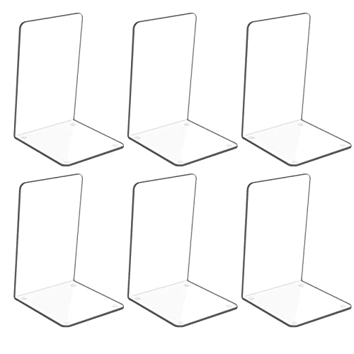 Adwikoso Clear Acrylic Book Ends, 6 Pcs Bookends for Shelves, Non-Slip Book Holder Stand, Decorative Book Stoppers for Heavy Duty Books Office Desktop Organizer