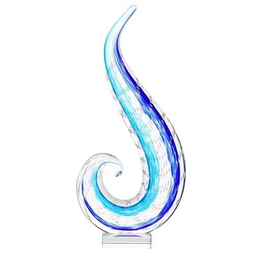 Luxury Lane Hand Blown Ocean Wave Sommerso Art Glass Sculpture for Home Decor 16 inch Tall Centerpiece Table Decoration - size: 16"