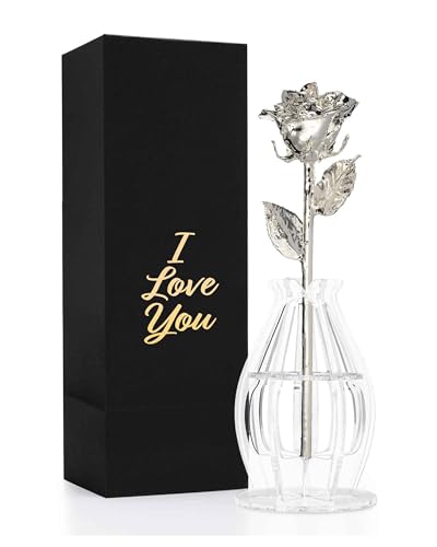 Forever Rose Bloom Box & Phantom Vase Combo, Silver Dipped Rose in a Personalized Gift Box That Says I Love You Embossed in Gold Foil, Unique & Everlasting Gift for Any Occasion - color: "I Love You" Silver Rose Dipped Rose (Phantom Vase & Bloom Box)