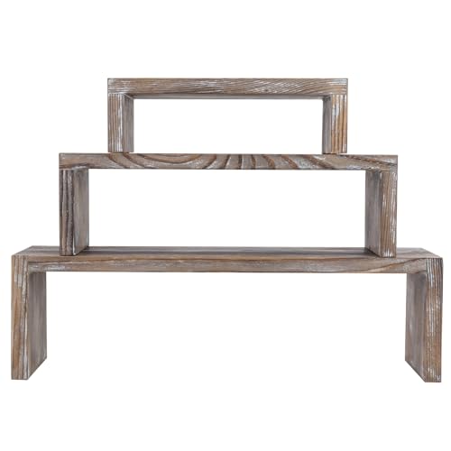 MyGift Rustic Brown Wood 3-Tier Collectibles Figurine Display Risers, Dessert Showcase Stands, Set of 3