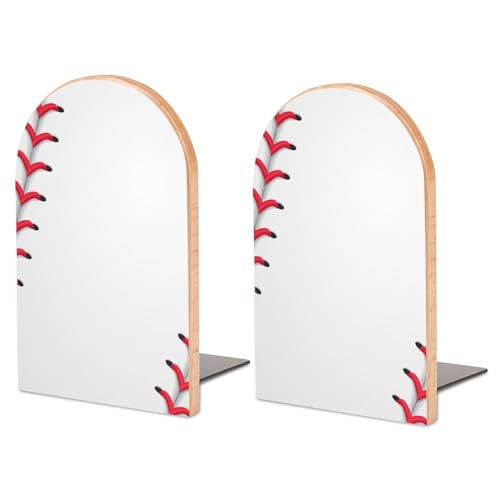 Wooden Bookends 2 Pcs,Baseball Red Lace Heavy Duty Office Book Ends Anti Slip Book Shelf Holder with Metal Base Decorative Book Stands - color: Baseball Red Lace