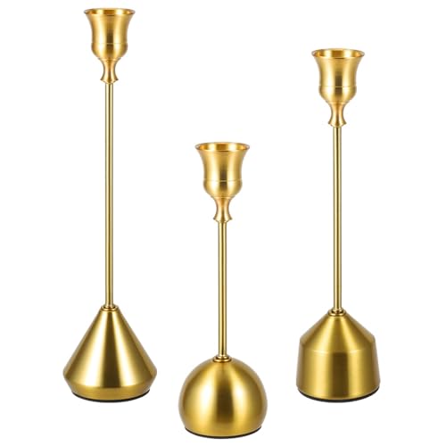 Elegant Vintage Brass Gold Candlestick Holders, Set of 3 Taper Candle Holders with Weighted Base for Wedding, Dining Table, Holiday Decor - color: Brass Gold