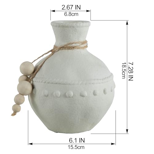Mowtanco Rustic Ceramic Vase with Boho Wooden Beads, Matte Decorative Pottery for Modern Farmhouse and Bohemian Decor, Floral Arrangements, Living Room, Dining Table Centerpieces - color: White - Large