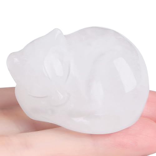 LAIDANLA Clear Quartz Cat Healing Crystals Figurine Sleeping Cat Hand Carved Cute Statue Polished Stone Sculpture Reiki Office Room Bedroom Desk Home Decoration Gifts 1.6" - color: Q-clear Quartz