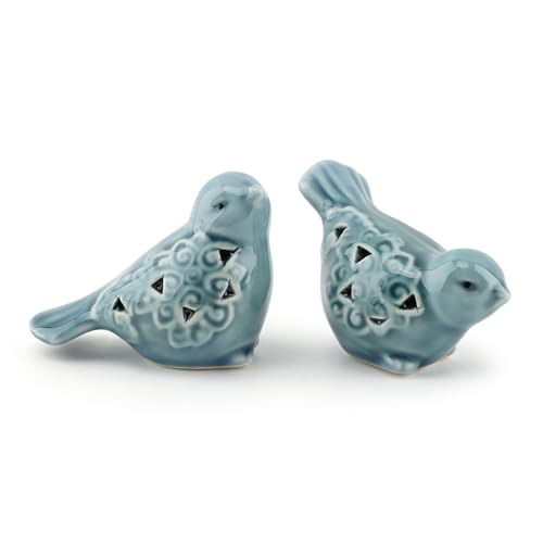 Set of 2 Blue Ceramic Bird Figurines, Glazed Bird Statues with Flower Detail, Farmhouse Modern Home Decor for Shelves, Bookcase, TV Stand, Entryway, Desk