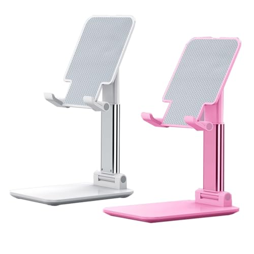 2 Pcs MT-6 Cell Phone Holder, Adjustable Angle and Height, Anti-Slip Silicone Pad, Foldable and Portable, Compatible with 4-8 Inch Devices(Pink+White) - color: white&pink
