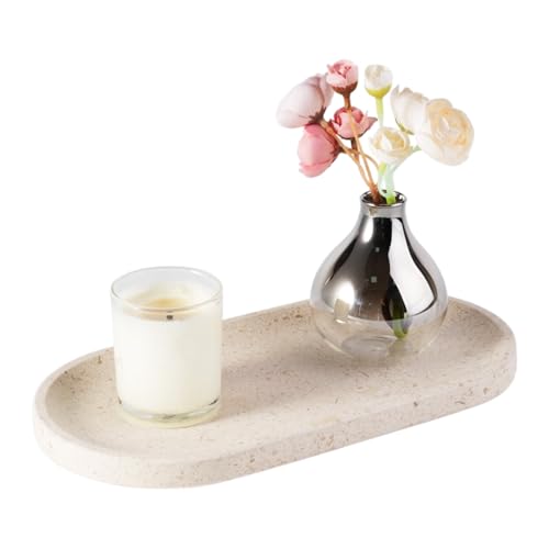 Koville Marble Vanity Tray for Decor, Natural Bathroom Tray for Bathroom Countertop, Stone Decorative Trays for Dresser Organizer, Storage Trays for Perfume, Jewelry Holder(Beige Yellow) - color: Moca Cream Media, size: 12" x 6" x 0.7"