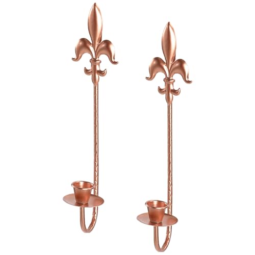 Rose Gold Metal Candle Sconces Wall Decor Set of 2 - Elegant Fleur De Lis Wall Mounted Candle Holders, 13.5" Vintage Decorative Candle Holder for Home Decor, Wedding, Dining Room, Bedroom - color: Rose Gold