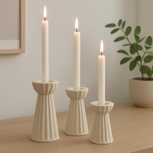 Honeydak Set of 3 Ceramic Taper Candle Holder Cream White Candlestick Holder Fluted Candle Stick Stand Boho Nordic Modern Decorative Table Centerpiece Wedding Home Dinner Party Housewarming Gift