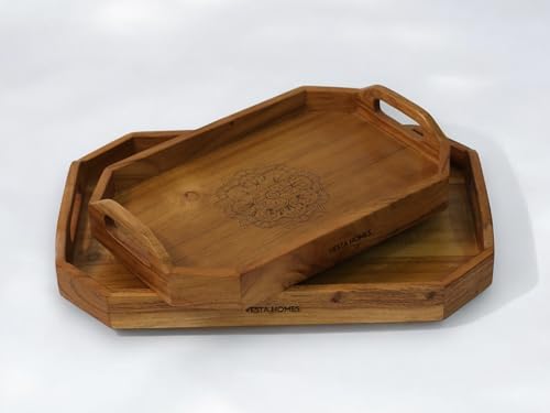 Vesta Homes Set of 2 Zak Acacia Wood Rectangular Serving Tray for Home/Kitchen/Restaurant/Office Organizer/Dining Table|Premium Wooden Trays|48 X 33 ; 40 x 27 cm | Handcrafted in India - size: Set of 2 Trays: 18.9" x 13", 15.7" x 10.6"