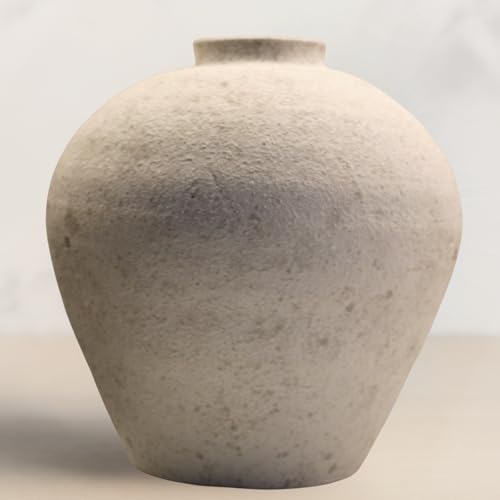 Handemade Large Round Vase for Centerpieces, White Rustic Vase Farmhouse Decor, Distressed Textured for Home Decorations, Earthy Room Decor Aesthetic, Stone Look Ceramic Clay Pottery, 9 inch - color: White