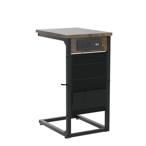 AMHANCIBLE C Shaped End Table with Charging Station, TV Tray Set of 2, Couch Tables with Storage Bag, Slide Under Sofa Side Table with USB Ports and Outlets for Living Room, Rustic Brown HET04CBR - color: Rustic Brown