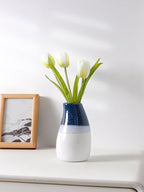 Ceramic Vase – 5.9” Tall Handmade Blue and White Glazed Pottery for Home Decor – Modern Asymmetrical Flower Vase for Living Room, Shelf, Table Centerpiece – 18oz / 500ml