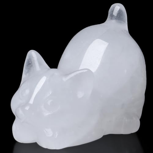 2" Clear Quartz Cat Figurine Crystal Statue Carved Home Office Room Decor Figurines for Desk Sculpture Lazy Handcrafted Healing Stone Natural Gemstones Spiritual Gifts for Cat Lovers - color: White-clear Quartz