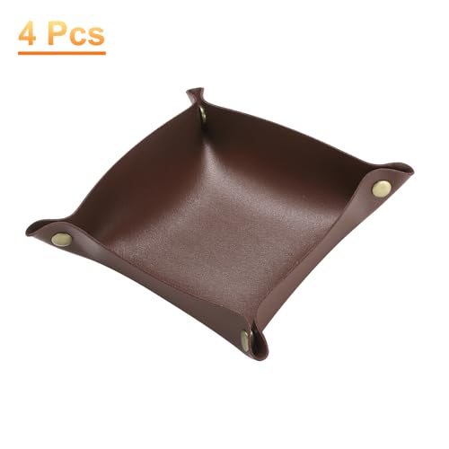 HARFINGTON 4pcs PU Leather Valet Tray Unisex Folding Small Catchall Tray Portable Entryway Table Tray Nightstand Bedside Desk Tray for Key Wallet Watch Coin Jewelry Dice, Dark Brown - color: Dark Brown