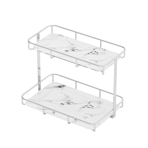 Bathroom Organizer Countertop Perfume Organizer Makeup Organizer Cosmetics Storage Display Rack Vanity Tray Dresser Stainless Steel Gold Shelf White Marble Ceramic Tray (2 Tier L-Sliver) | Perfume Organizer, Makeup Organizer, Cosmetics Storage, Vanity Tra
