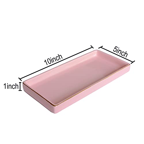 10 x 5 Ceramic Bathroom Tray for Countertop, Decorative Vanity Tray for Dresser Tops, Small Rectangular Trays for Perfume, Candle, Jewelry, Cosmetics (Pink) - color: Pink
