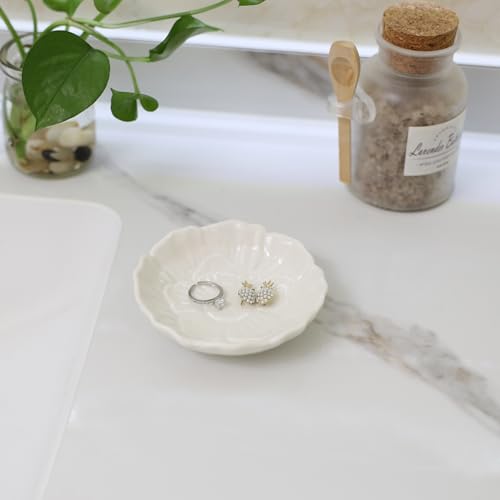 Flower Ring Dish Holder,Jewelry Dish Tray,Small Trinket Tray,Jewelry Plate Bowl,Key Bowl,Decorative Plate,Birtdhay Christmas Gifts for Women Friends,Ceramic White - color: White