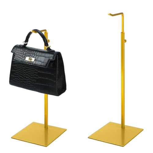 2PCS Handbag Display Stand, Purse Holder Gold Metal Tall Hanging-hook Display Stands for Bag or Necklace Table Display Organizer with Stable Square Base