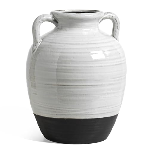 Large White Ceramic Vase - 11.3 Inch Rustic Farmhouse Vase with Handles for Home Decor, Vintage Tall Vases for Living Room, Table, Bathroom, Holiday & Weddings (Aurora White) - color: Aurora White-11.3"