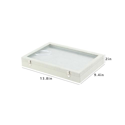 Coward Ring Organizer Jewelry Tray Box, Grey Beige Velvet 100 Slots Ring Display Tray Case with Transparent Glass Lid for Home Use or Store Selling Show - color: Grey Beige Velvet, size: Ring Box