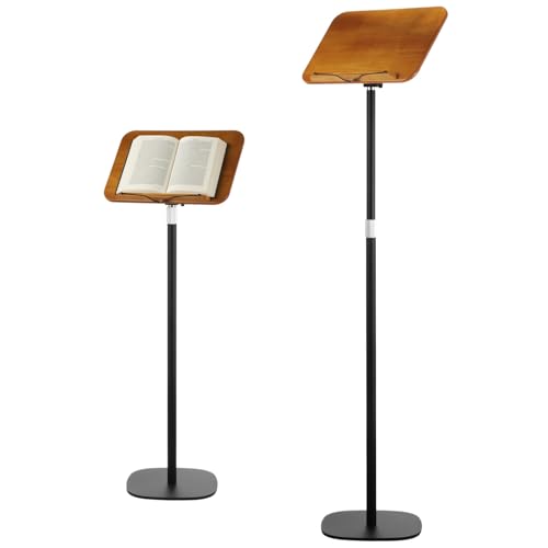 Floor Book Stand Adjustable from 20-51 Inches, Reading Stand with Page Clips, Sit to Stand Wooden Desk with Steel Tube & Base, Music Sheet Stand, Laptop Tablet Holder for Home Office